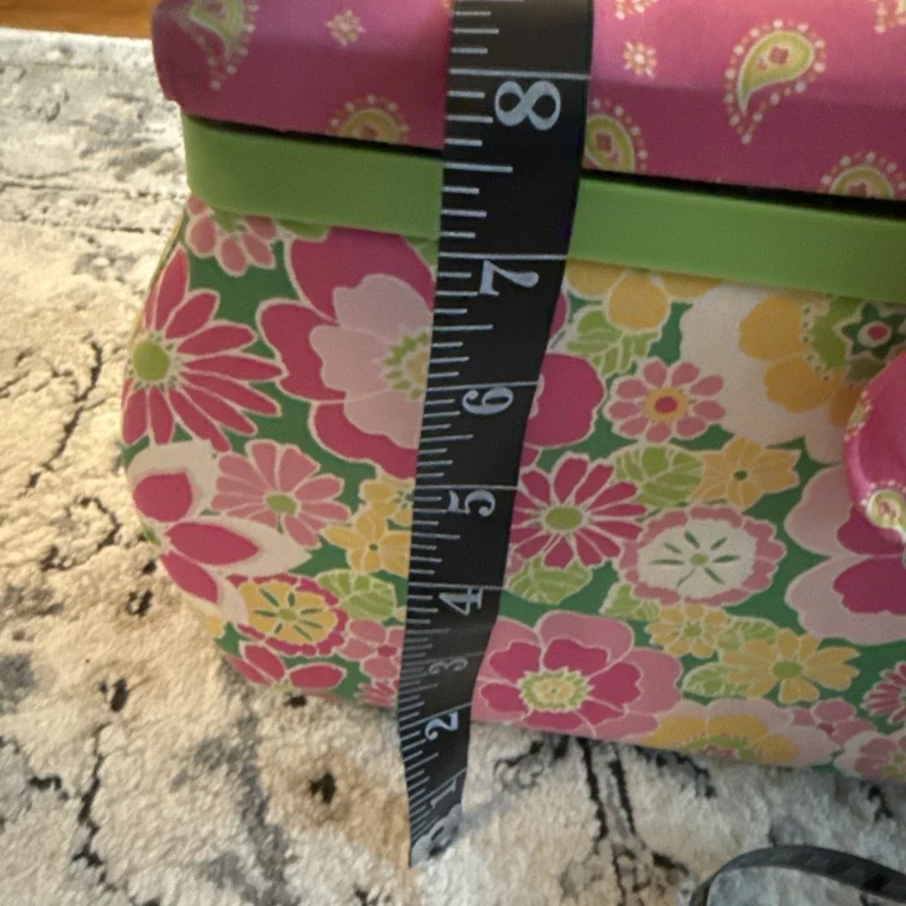 Vintage Y2K Sewing Basket Green Pink Floral Tapestry w/Inside Tray Handle Padded